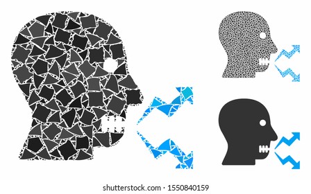 Angry person shout composition of raggy elements in variable sizes and shades, based on angry person shout icon. Vector unequal elements are combined into composition.