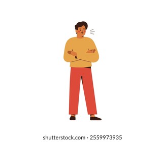 Angry person swears at someone with his arms folded across his chest. Annoyed grumpy man. Disgruntled employee. Negative emotion, anger expression. Flat vector illustration isolated on white backgroun