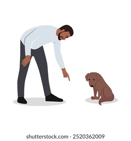 Angry at pet concept. Young angry aggressive man shouting at guilty dog. Flat vector illustration isolated on white background