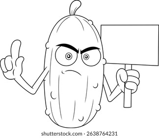 Angry Pickle Cartoon Character Holding Protest Sign And Pointing Finger – Black And White Vector Hand Drawn Illustration Isolated On Transparent Background