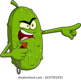 Angry Pickleball Referee Pickle Mascot Character Blowing Whistle And Pointing – Vector Hand Drawn Illustration Isolated On Transparent Background