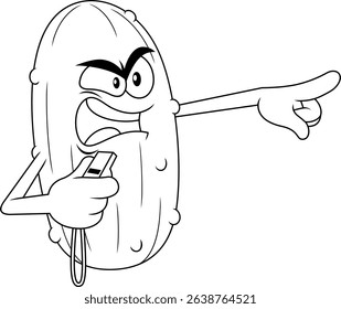 Angry Pickleball Referee Pickle Mascot Character Blowing Whistle And Pointing – Black And White Vector Hand Drawn Illustration Isolated On Transparent Background