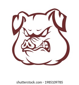 Angry pig head linear emblem on white background, symbol of aggressive beast