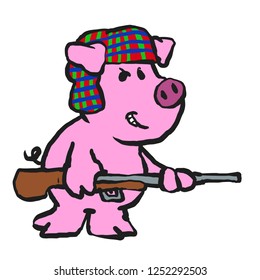 Angry pig hunter cartoon