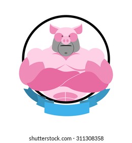 Angry pig Round emblem. Big boar bodybuilder. Vector logo farm animal.
