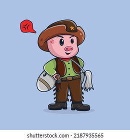 Angry pig serif Illustrations. Cowboy vector collection