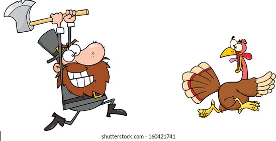 Angry Pilgrim Chasing With Axe A Turkey