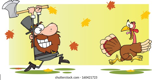 Angry Pilgrim Man Chasing With Axe A Turkey