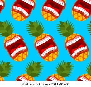 Angry pineapple screams pattern seamless. Evil fruit background
