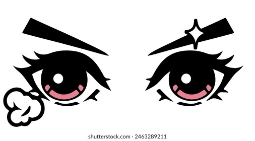 Angry pink anime eyes with frowning eyebrows on white background. Vector illustration in the style of Japanese manga cartoon.