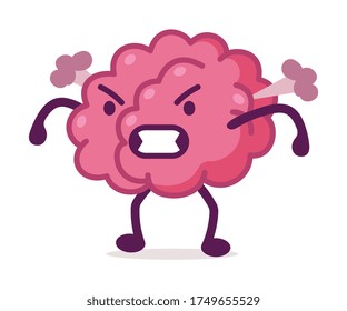 Angry Pink Brain with Steam Blowing from Ears, Funny Human Nervous System Organ Cartoon Character Vector Illustration on White Background