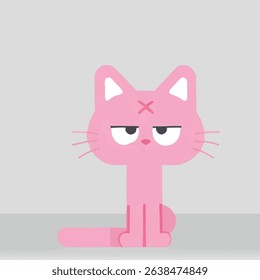 Angry Pink Cartoon Cat With X-Eyes Sitting On Grey Surface