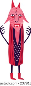 Angry Pink demon with a creepy face. Modern cartoon illustration for Halloween holiday