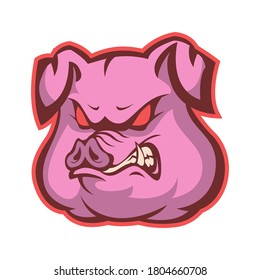 Angry pink pig head emblem on white background, symbol of aggressive beast