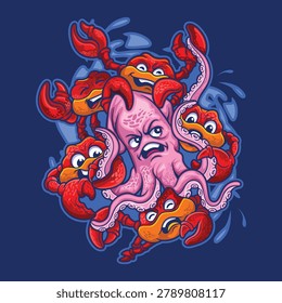 Angry pink squid attacked by a swarm of fierce red crabs under water. Dynamic ocean creature cartoon design, perfect for seafood restaurant branding, apparel graphic, and mascot logo.