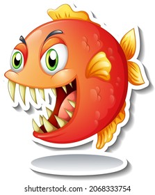 Angry piranha fish cartoon sticker illustration