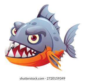 Angry piranha fish mascot with sharp teeth and aggressive expression. Vector cartoon illustration