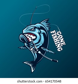 Angry piranha fishing logo. Vector illustration can be used for creating logo and emblem for fishing clubs, prints, web and other crafts.