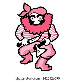 Angry pirate with axe and dagger. Vector cartoon color pink image.