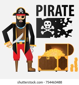 an angry pirate with a black beard, a eye patch, a wooden leg, a hook in place of a hand and a sword in his hand and treasure chest
 isolated on white background with place for text vector illust