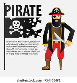 an angry pirate with a black beard, a eye patch, a wooden leg, a hook in place of a hand and a sword in his hand isolated on white background with place for text vector illustration  flat
