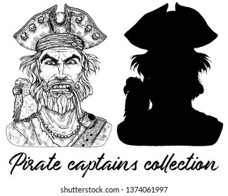 Angry pirate captain and silhouette isolated on white. Hand drawn engraved vector illustration of sailor, seaman or seafarer in old vintage style