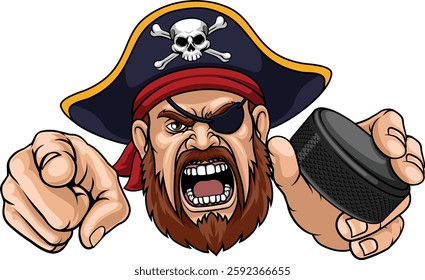 An angry Pirate cartoon character holding hockey puck and pointing ice hockey sports team mascot illustration.