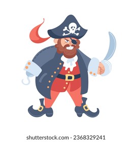 Caracter pirata furioso con un sombrero cocido y un sable. Un gancho en lugar de una mano. Ilustración vectorial de dibujos animados: marinero armado bandido, villano marino de fantasía con espada. Jolly Roger, parche para los ojos.