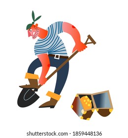 Pirata furioso cavando para obtener tesoro con oro. Marinero con pala, pecho abierto con dinero cerca aislado en fondo blanco. Ilustración de vectores de piratería marina y de aventura.