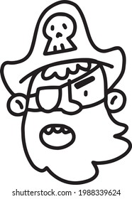 Angry Pirate face with skull on big hat and patch on his eye outline vector illustration