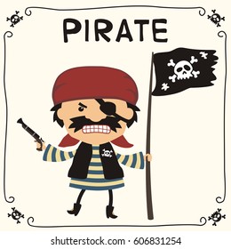 Angry pirate with flag jolly roger in cartoon style.