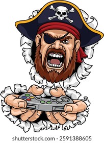 An angry Pirate gamer cartoon character holding controller sports team mascot illustration.