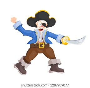 Angry pirate on a white background. Vector illustration of a terrible pirate attacking with a saber. Medieval sea villain in a cocked hat, costume, boots, without an eye, attacks. Stock vector