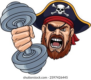An angry Pirate personal trainer cartoon character holding weight lifting dumbbell sports team gym mascot illustration.