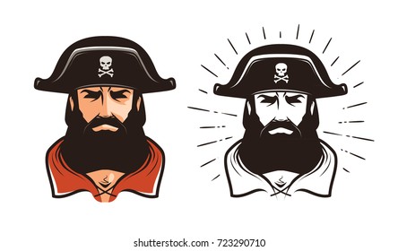 Angry pirate. Portrait of bearded filibuster in hat. Cartoon vector illustration