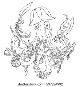 Angry pirate-octopus with arms. Sword, dagger, blade. Aggressive. Vector illustration isolated on white. Coloring page.