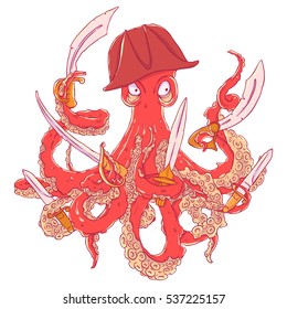 Angry pirate-octopus with arms. Sword, dagger, blade. Aggressive. Vector illustration isolated on white. T-shirt printing.
