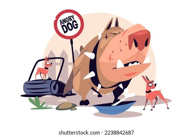 Angry pitbull dog in collar with spikes vector illustration. Angry dog sign. Fighting dogs flat style concept