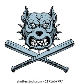 Angry pitbull head and baseball bates. Vector illustration.