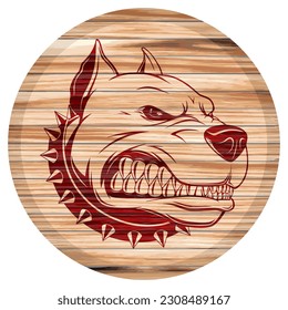 Angry Pitbull Head On A Wooden Board Vector Illustration