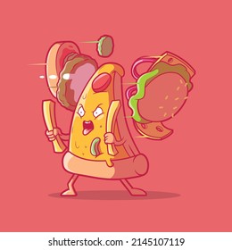 Angry Pizza slice cutting a burger vector illustration. Food, funny, mascot design concept.
