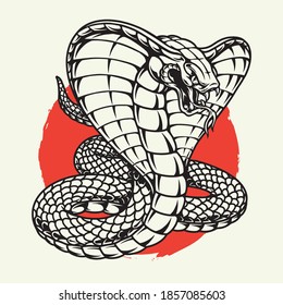 Angry poisonous king cobra concept in vintage monochrome style on red sun background isolated vector illustration