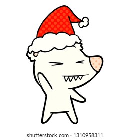 angry polar bear hand drawn comic book style illustration of a wearing santa hat