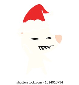 angry polar bear hand drawn flat color illustration of a wearing santa hat