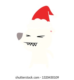 angry polar bear hand drawn flat color illustration of a wearing santa hat