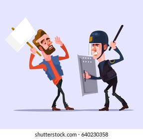 Angry police officer man character attacks protester. Vector flat cartoon illustration