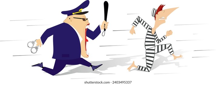 Angry police officer running after a prisoner. 
Male police officer with handcuffs and baton trying to catch up a prisoner
