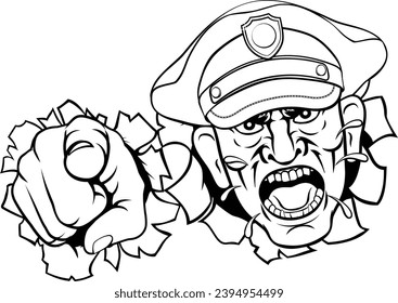 An angry policeman police officer pointing at the viewer and shouting cartoon