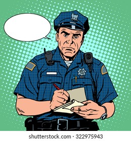 angry policeman questions pop art retro style