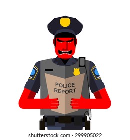 Angry policeman shouts. Dreaded red man in a uniform. Vector illustration